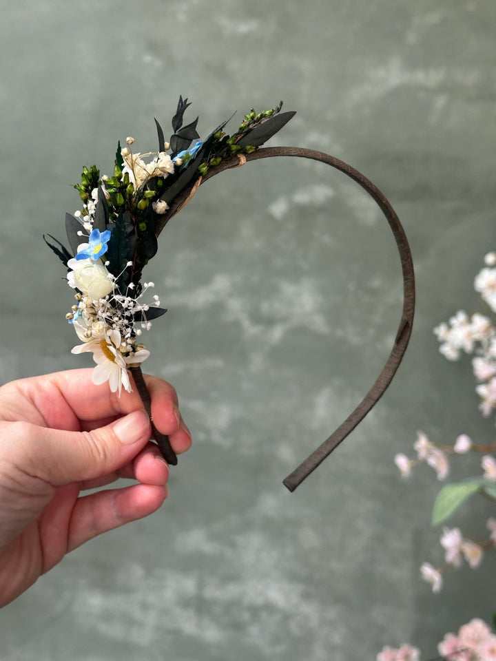 Side Floral Headband with Daisies, Forget-Me-Nots and Gypsophila – handmade floral hair accessory by magaela
