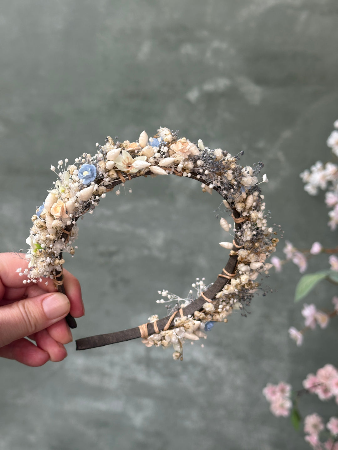 Floral Headband with Forget-Me-Nots and Gypsophila | Baby Blue, Peach and Ivory