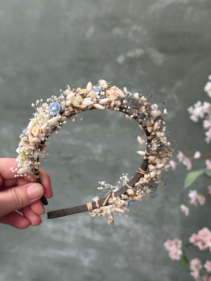 Floral Headband with Forget-Me-Nots and Gypsophila | Baby Blue, Peach and Ivory