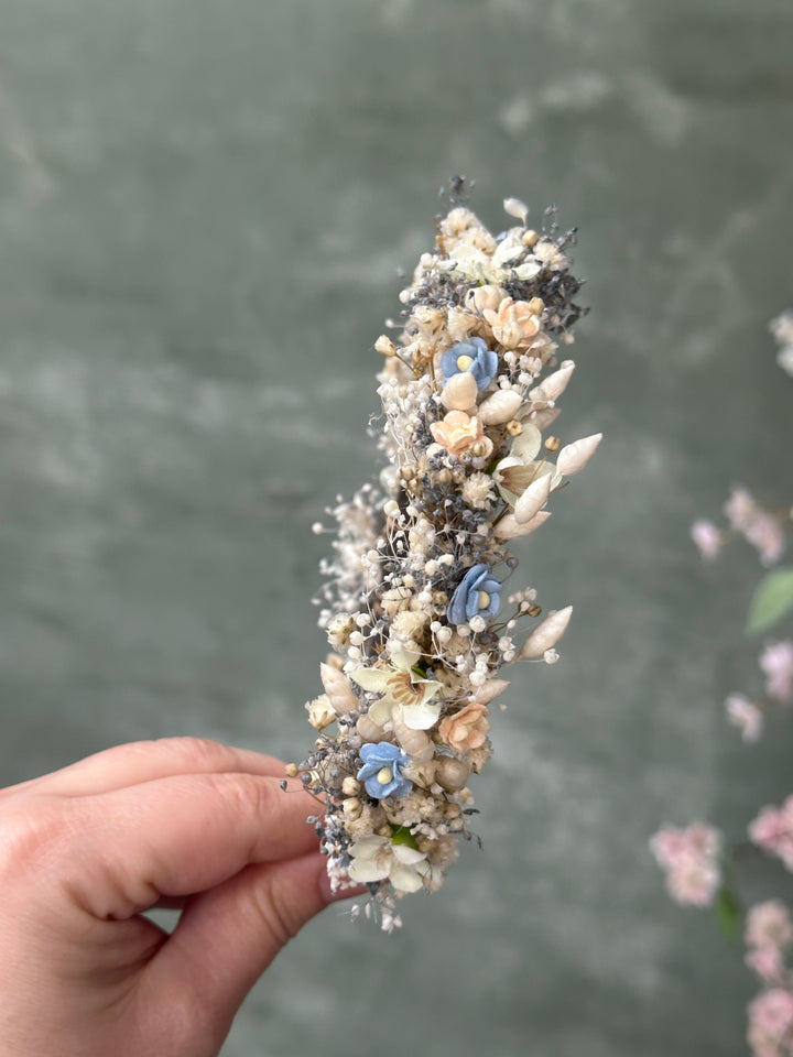 Floral Headband with Forget-Me-Nots and Gypsophila | Baby Blue, Peach and Ivory