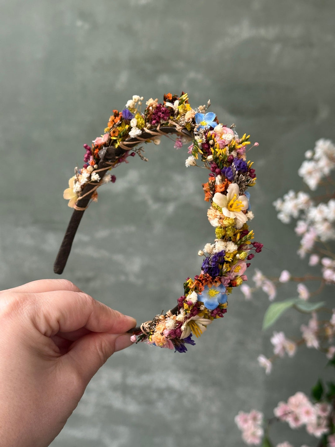 Wildflower Headband with Forget-Me-Nots and Colourful Preserved Gypsophila – handmade floral hair accessory by magaela