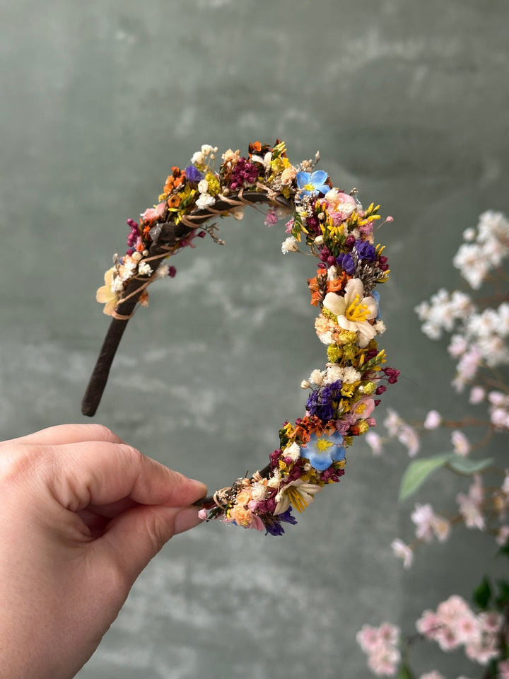 Wildflower Headband with Forget-Me-Nots and Colourful Preserved Gypsophila – handmade floral hair accessory by magaela