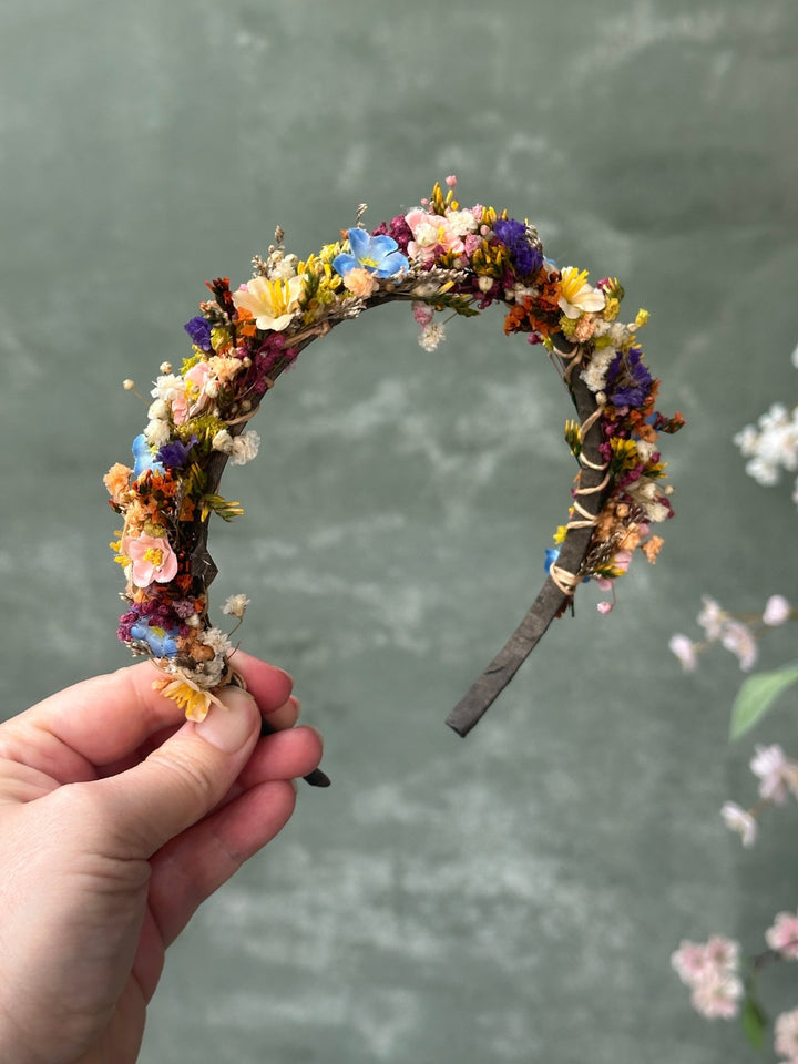 Wildflower Headband with Forget-Me-Nots and Colourful Preserved Gypsophila – handmade floral hair accessory by magaela