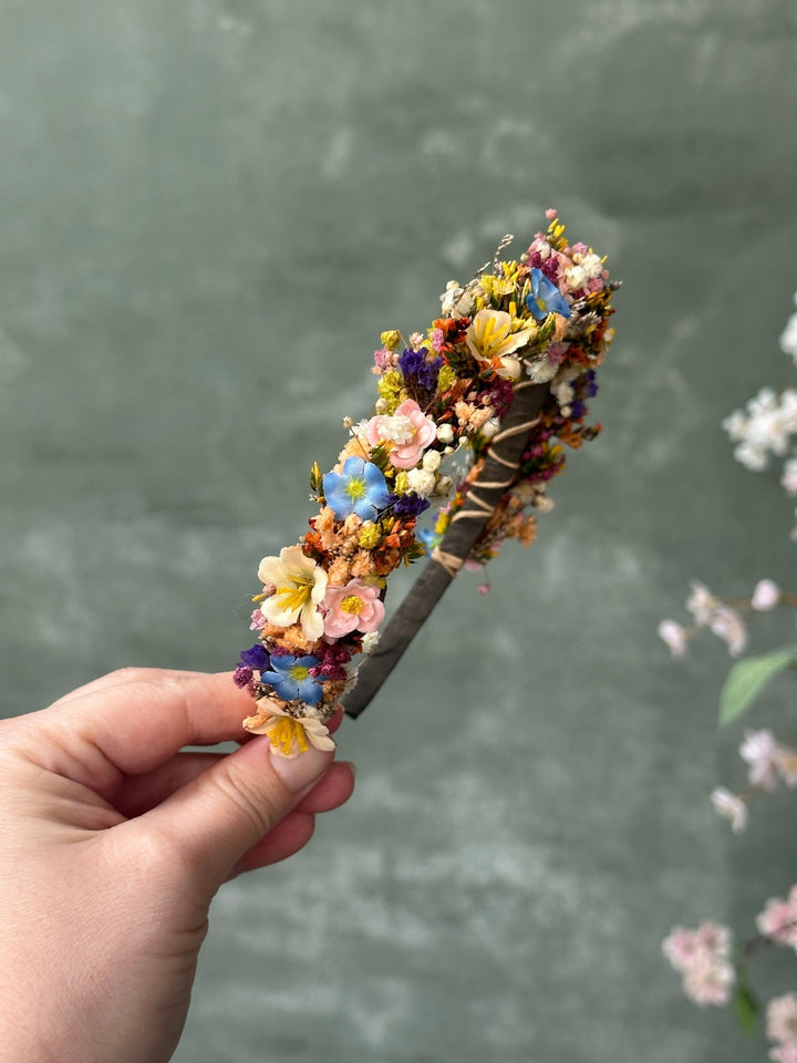 Wildflower Headband with Forget-Me-Nots and Colourful Preserved Gypsophila – handmade floral hair accessory by magaela