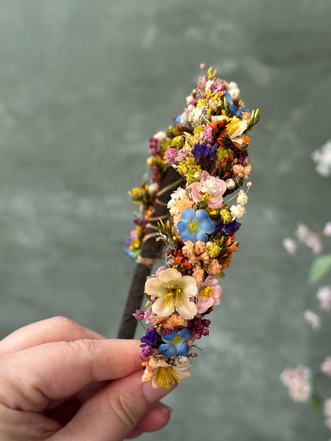 Wildflower Headband with Forget-Me-Nots and Colourful Preserved Gypsophila – handmade floral hair accessory by magaela