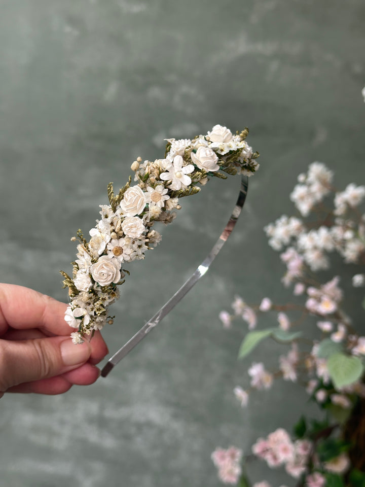 Floral Headband with Roses, Ixodia and Gypsophila | White and Cream | Side Design
