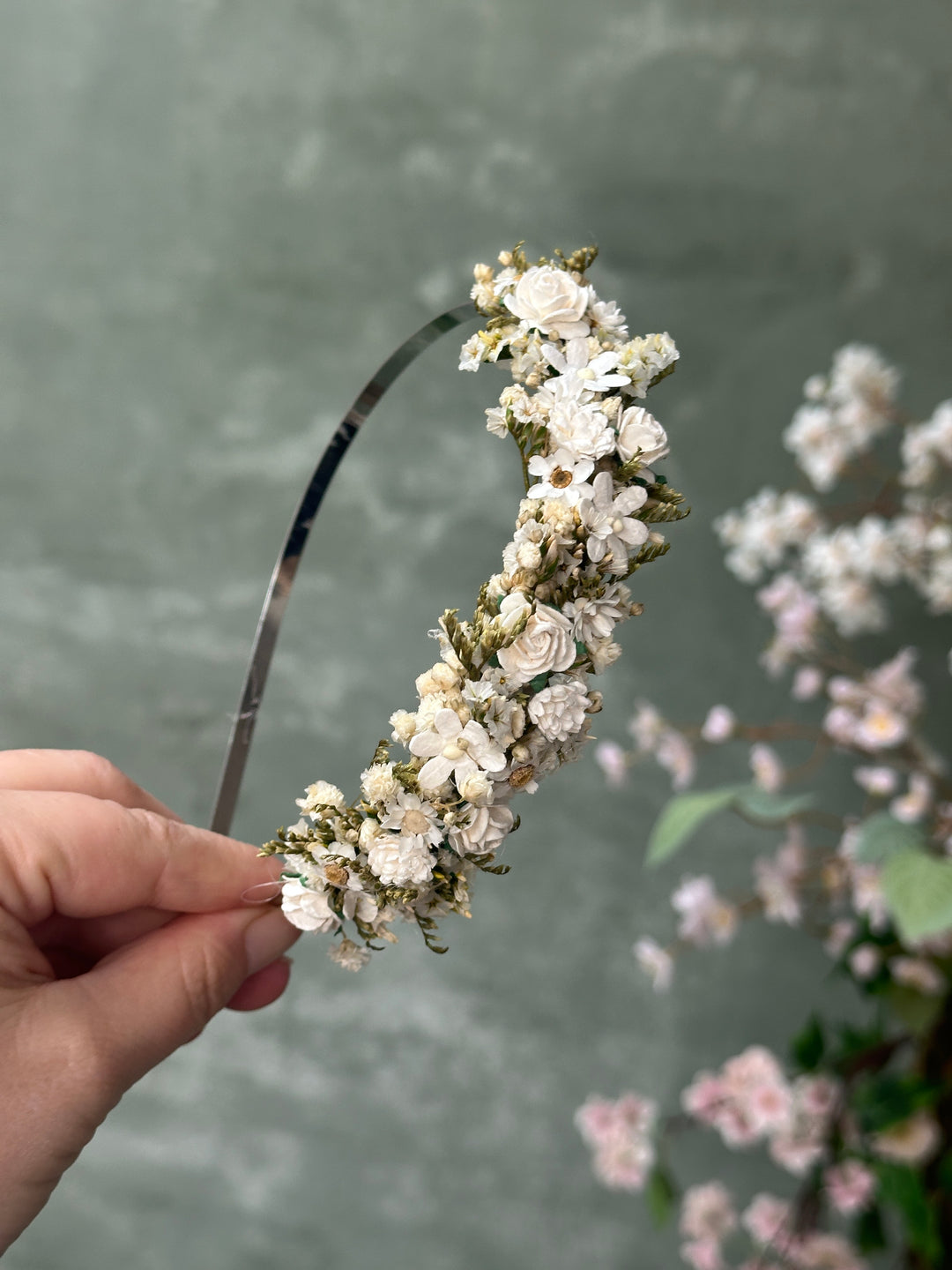 Floral Headband with Roses, Ixodia and Gypsophila | White and Cream | Side Design