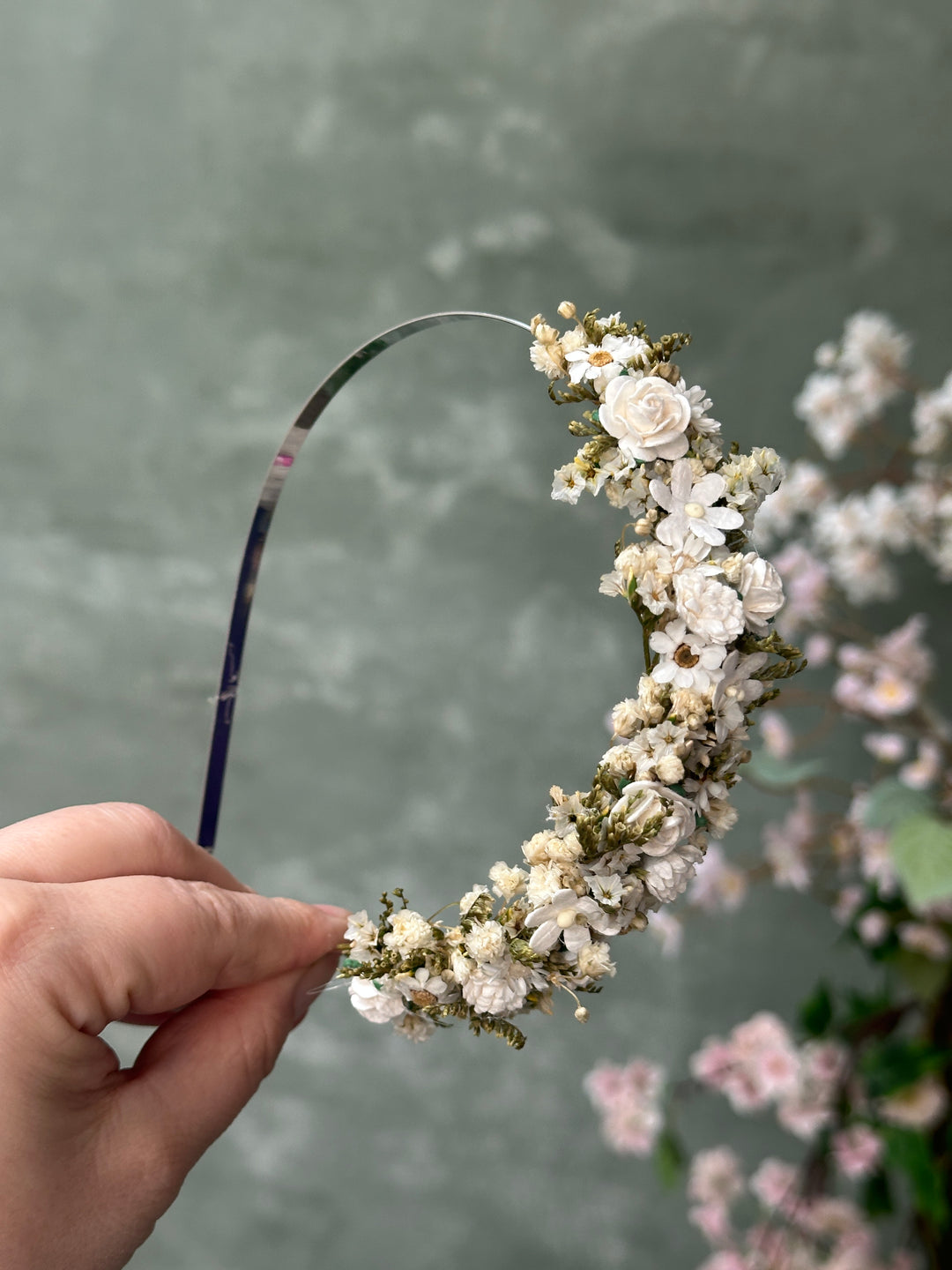 Floral Headband with Roses, Ixodia and Gypsophila | White and Cream | Side Design