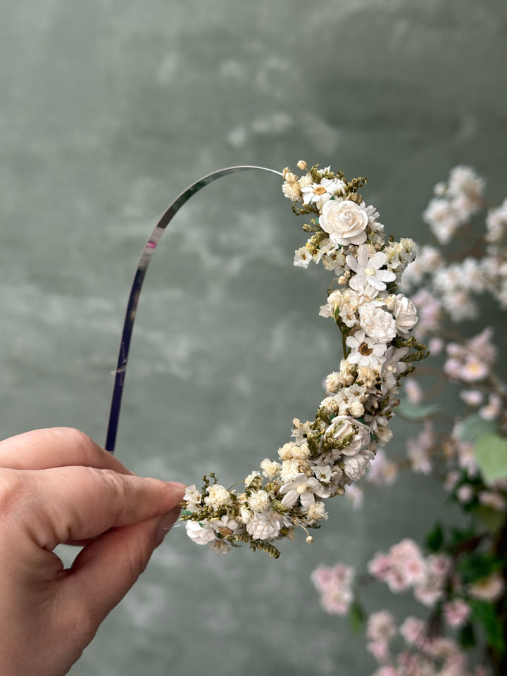 Floral Headband with Roses, Ixodia and Gypsophila | White and Cream | Side Design