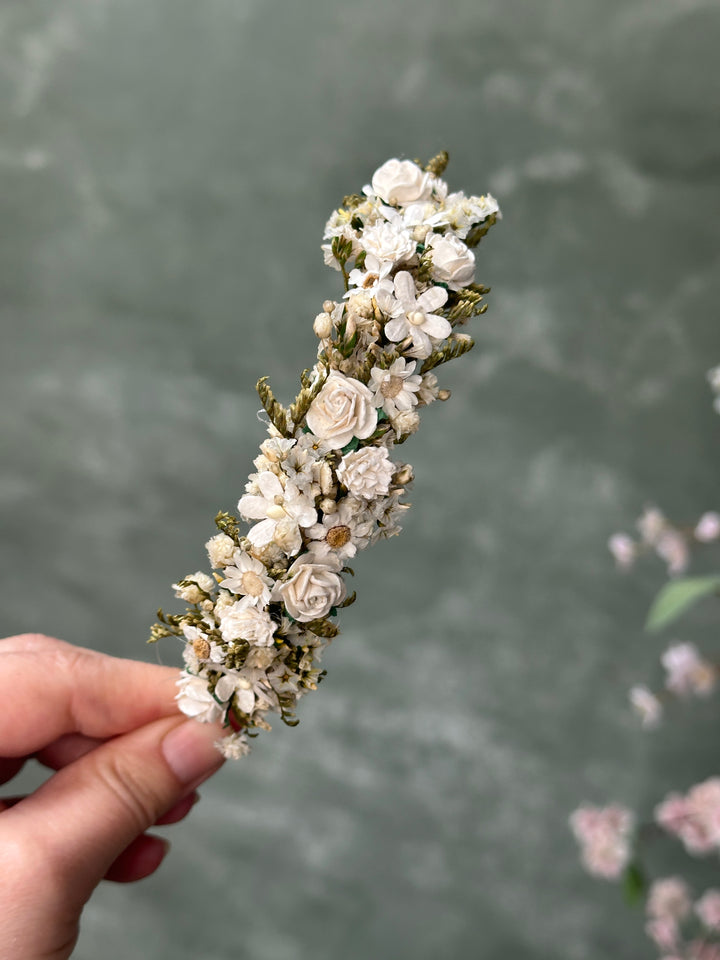 Floral Headband with Roses, Ixodia and Gypsophila | White and Cream | Side Design