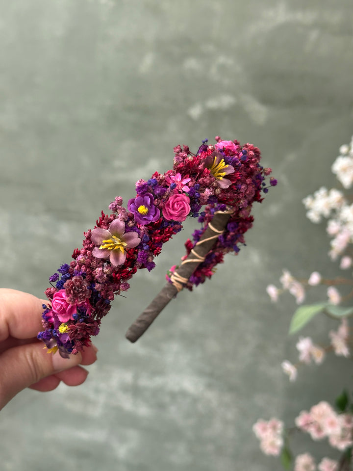 Floral Headband with Roses and Wildflowers | Fuchsia, Purple and Burgundy | Kids and Adults