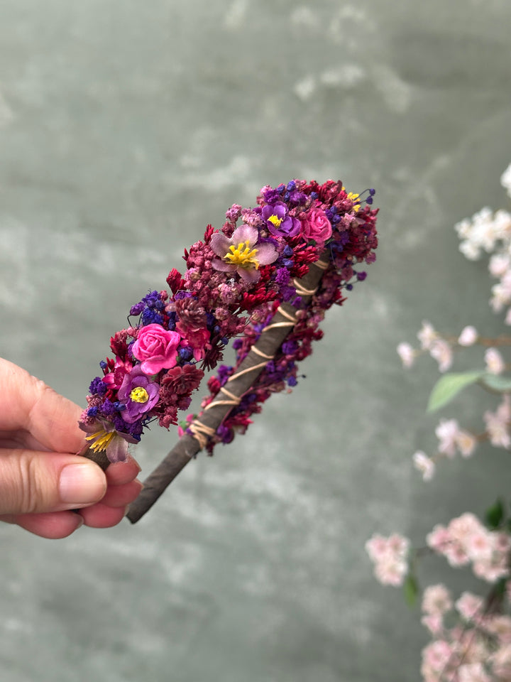 Floral Headband with Roses and Wildflowers | Fuchsia, Purple and Burgundy | Kids and Adults