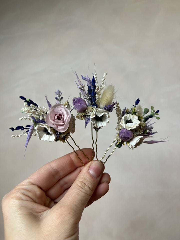 Purple Cream Bridal Hair Pins with Roses and Anemones | magaela