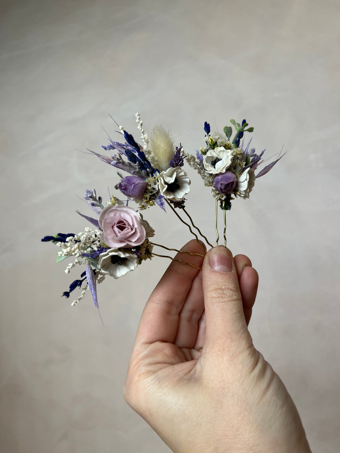 Purple Cream Bridal Hair Pins with Roses and Anemones | magaela