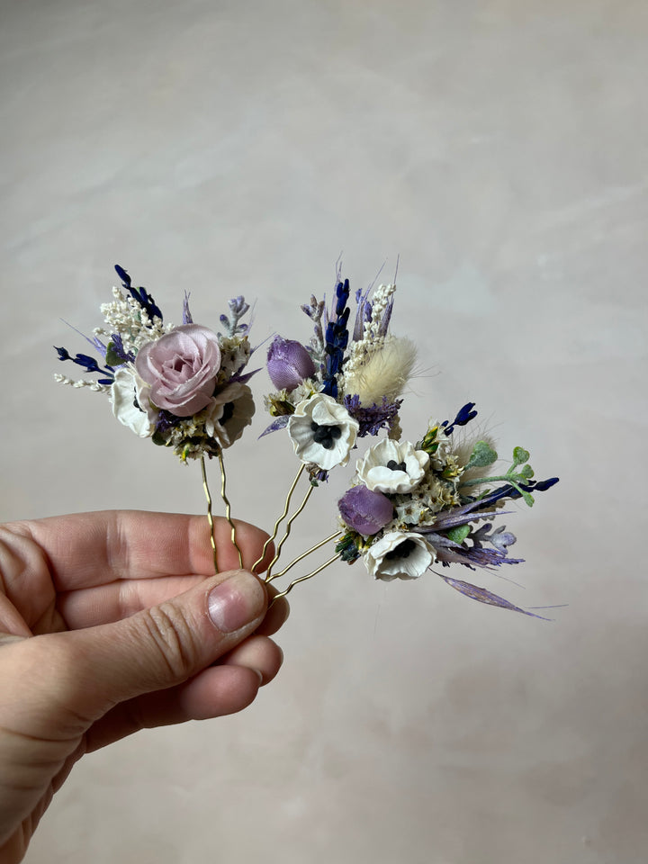 Purple Cream Bridal Hair Pins with Roses and Anemones | magaela