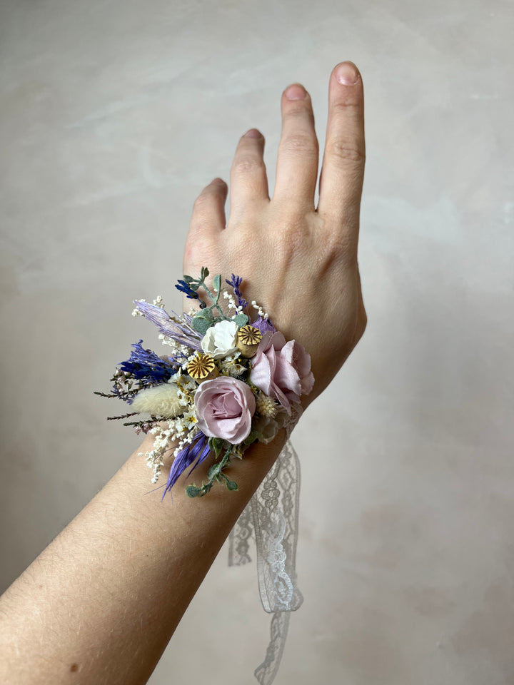 Purple Cream Wrist Corsage with Roses and Anemones | magaela
