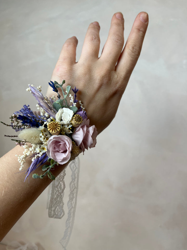 Purple Cream Wrist Corsage with Roses and Anemones | magaela