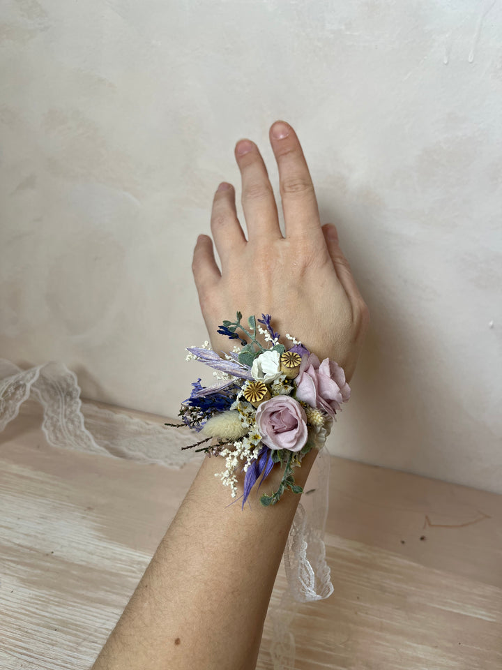 Purple Cream Wrist Corsage with Roses and Anemones | magaela