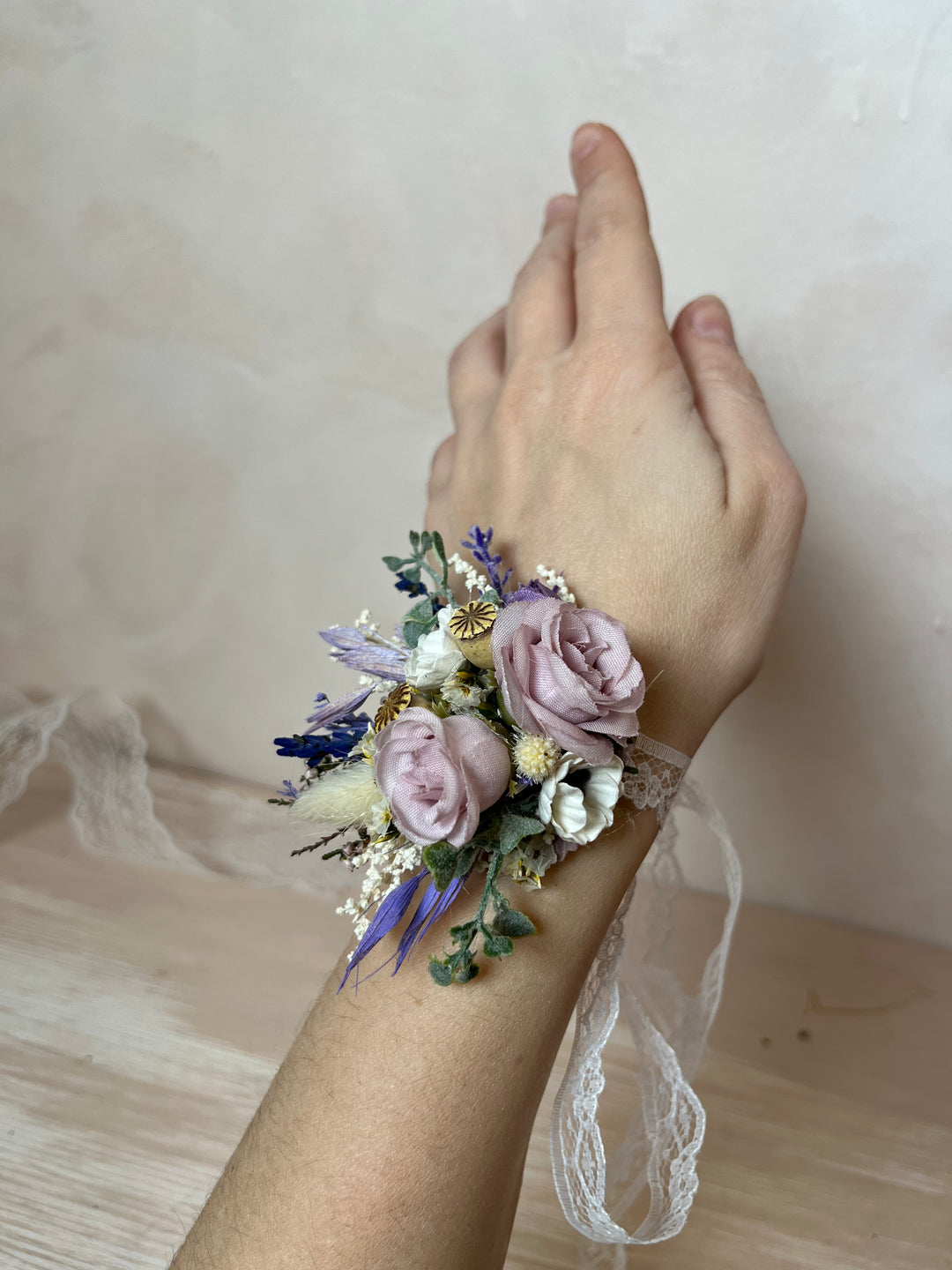 Purple Cream Wrist Corsage with Roses and Anemones | magaela