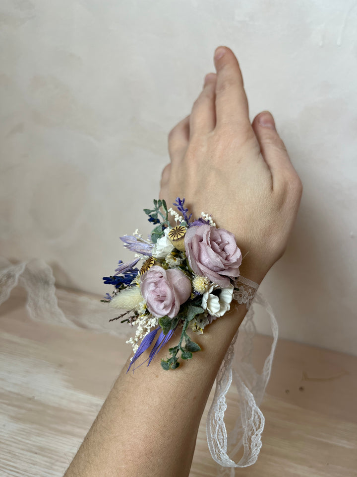 Purple Cream Wrist Corsage with Roses and Anemones | magaela
