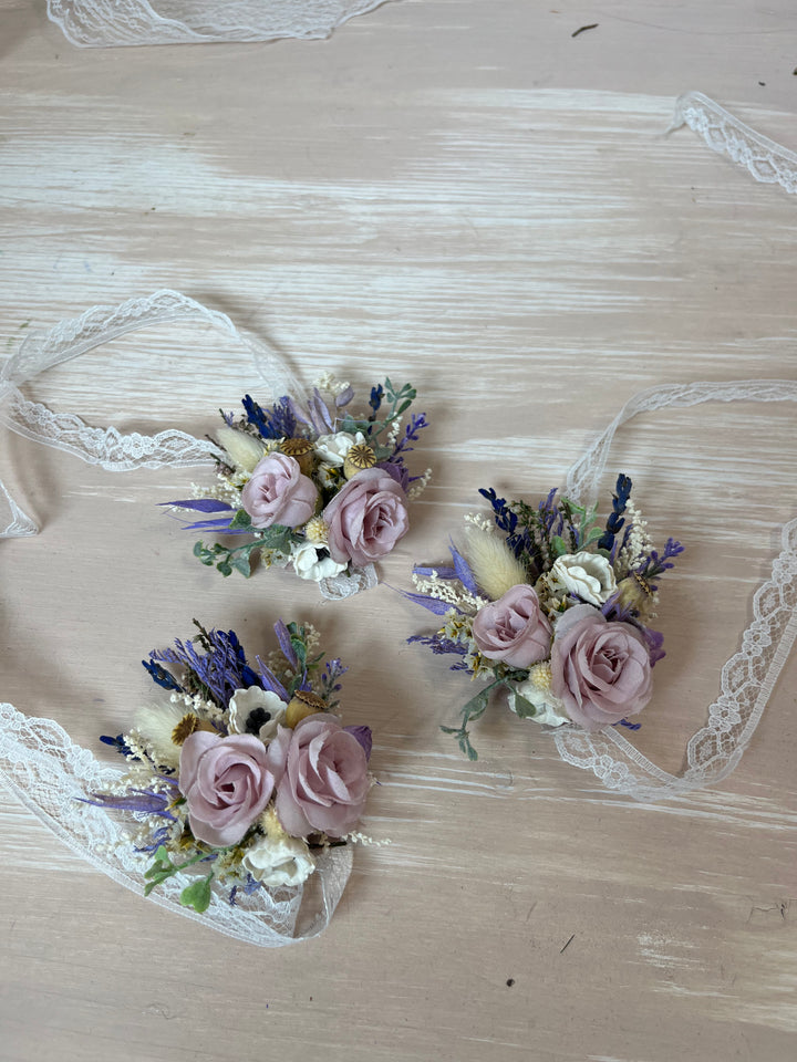Purple Cream Wrist Corsage with Roses and Anemones | magaela