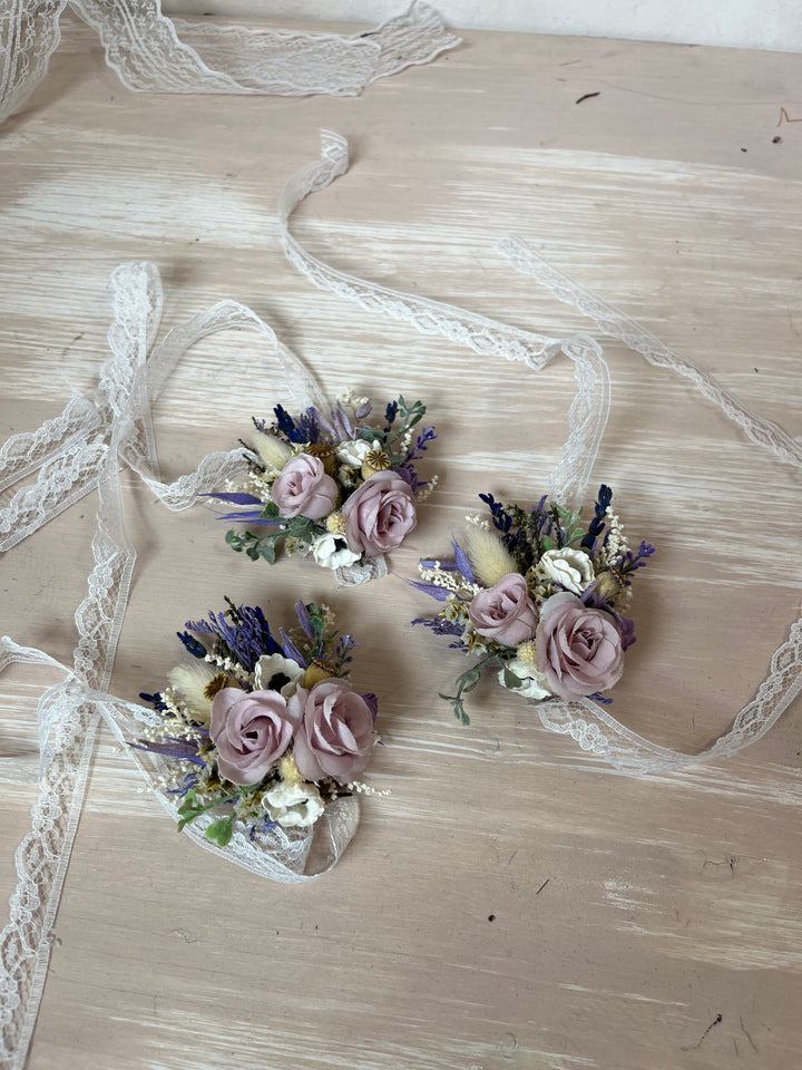 Purple Cream Wrist Corsage with Roses and Anemones | magaela