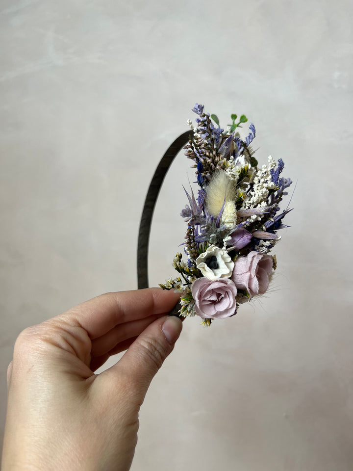 Lavender Wildflower Bridal Headband: Handmade Floral Crown with Roses