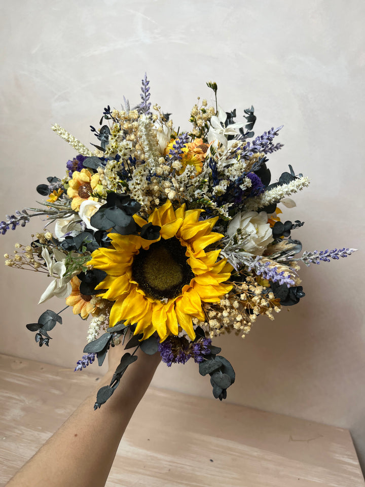 Sunflower Wildflower Bridal Bouquet with Lavender and White Roses