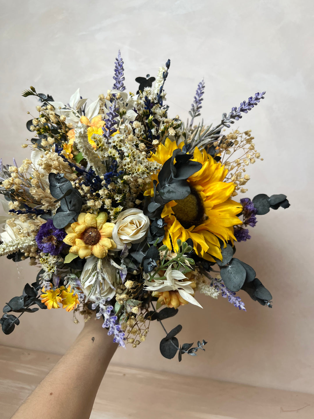 Sunflower Wildflower Bridal Bouquet with Lavender and White Roses