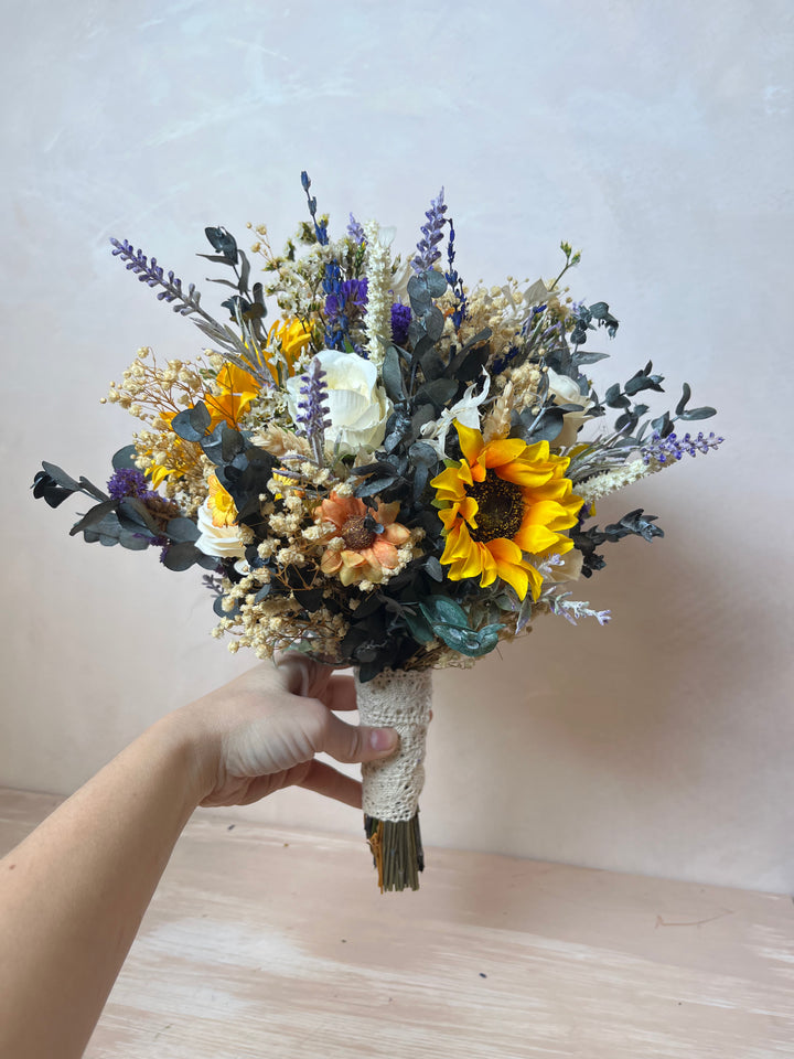Sunflower Wildflower Bridal Bouquet with Lavender and White Roses