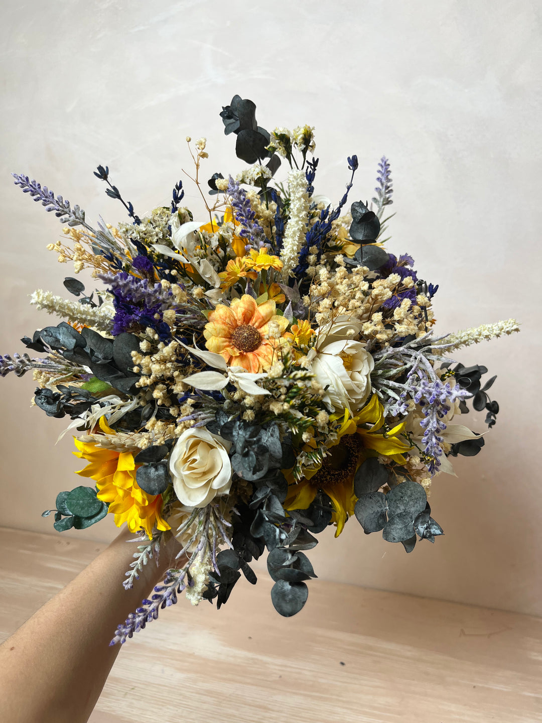 Sunflower Wildflower Bridal Bouquet with Lavender and White Roses