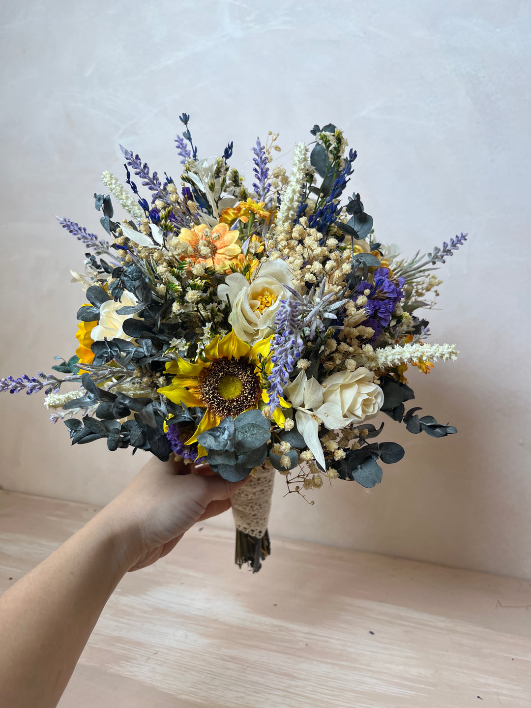 Sunflower Wildflower Bridal Bouquet with Lavender and White Roses