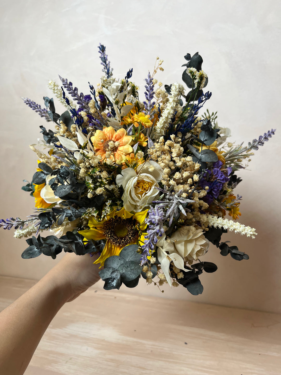 Sunflower Wildflower Bridal Bouquet with Lavender and White Roses