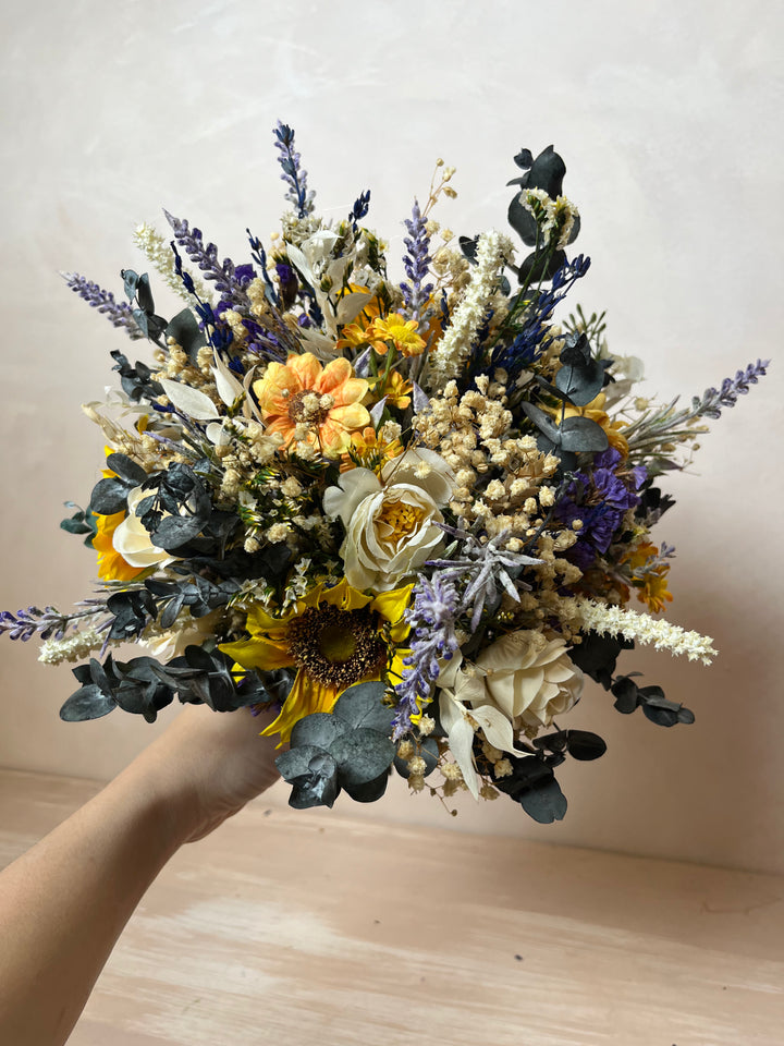 Sunflower Wildflower Bridal Bouquet with Lavender and White Roses
