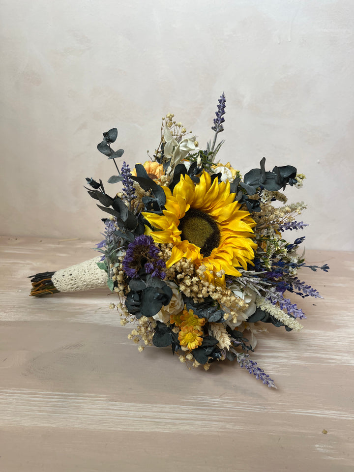 Sunflower Wildflower Bridal Bouquet with Lavender and White Roses