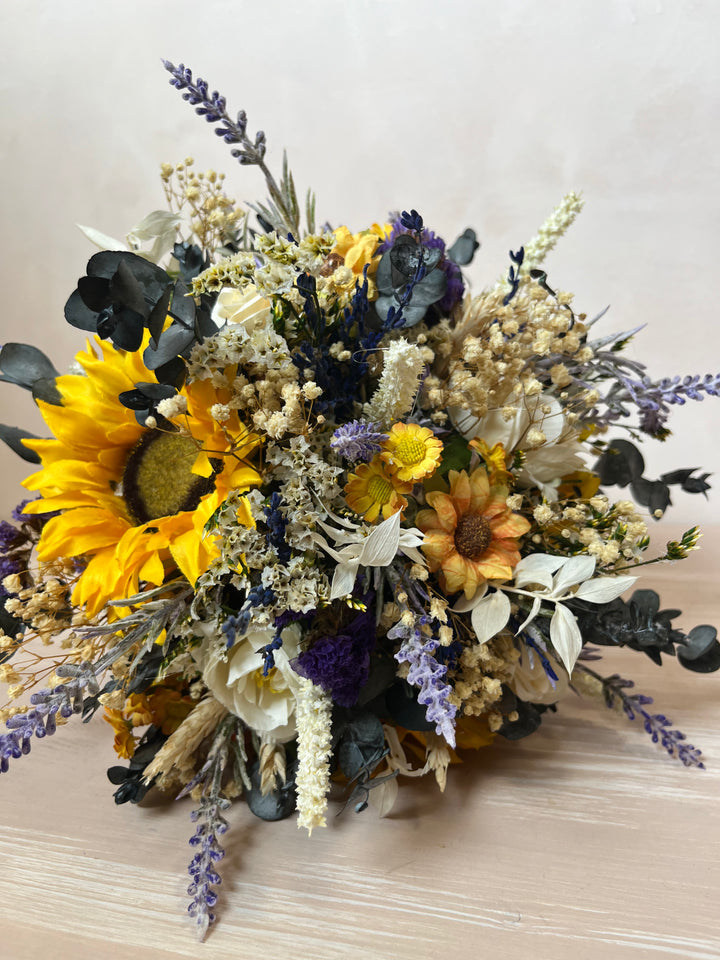 Sunflower Wildflower Bridal Bouquet with Lavender and White Roses