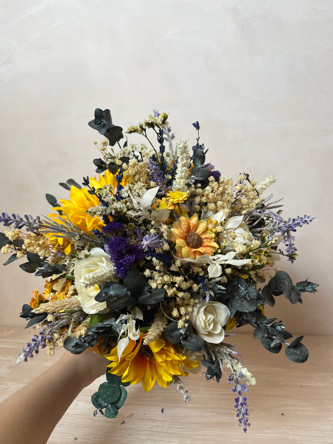 Sunflower Wildflower Bridal Bouquet with Lavender and White Roses