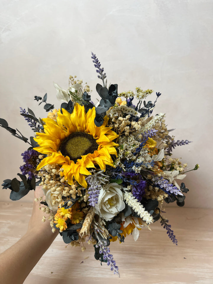 Sunflower Wildflower Bridal Bouquet with Lavender and White Roses