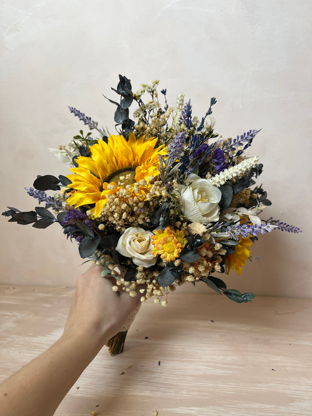 Sunflower Wildflower Bridal Bouquet with Lavender and White Roses
