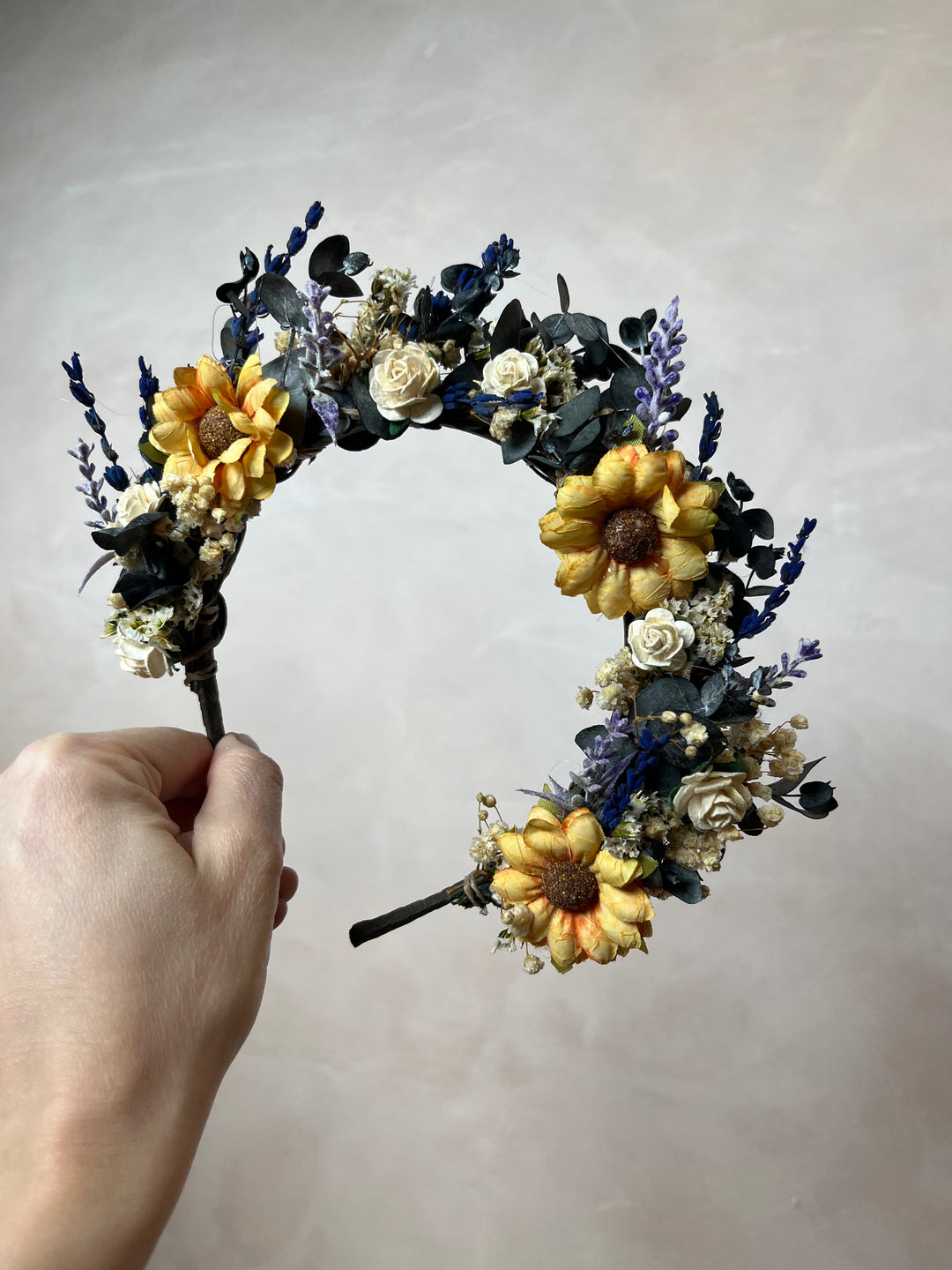 Sunflower Wildflower Bridal Crown with Lavender and White Roses