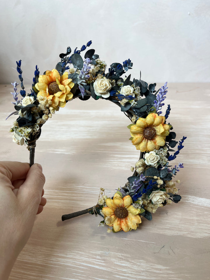 Sunflower Wildflower Bridal Crown with Lavender and White Roses