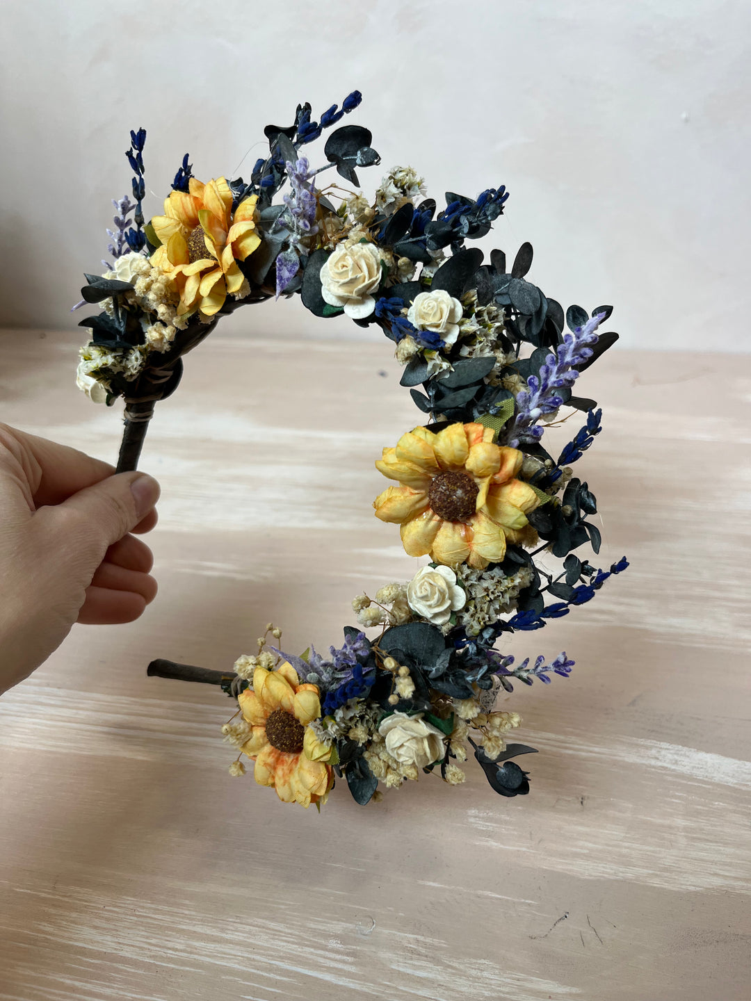 Sunflower Wildflower Bridal Crown with Lavender and White Roses