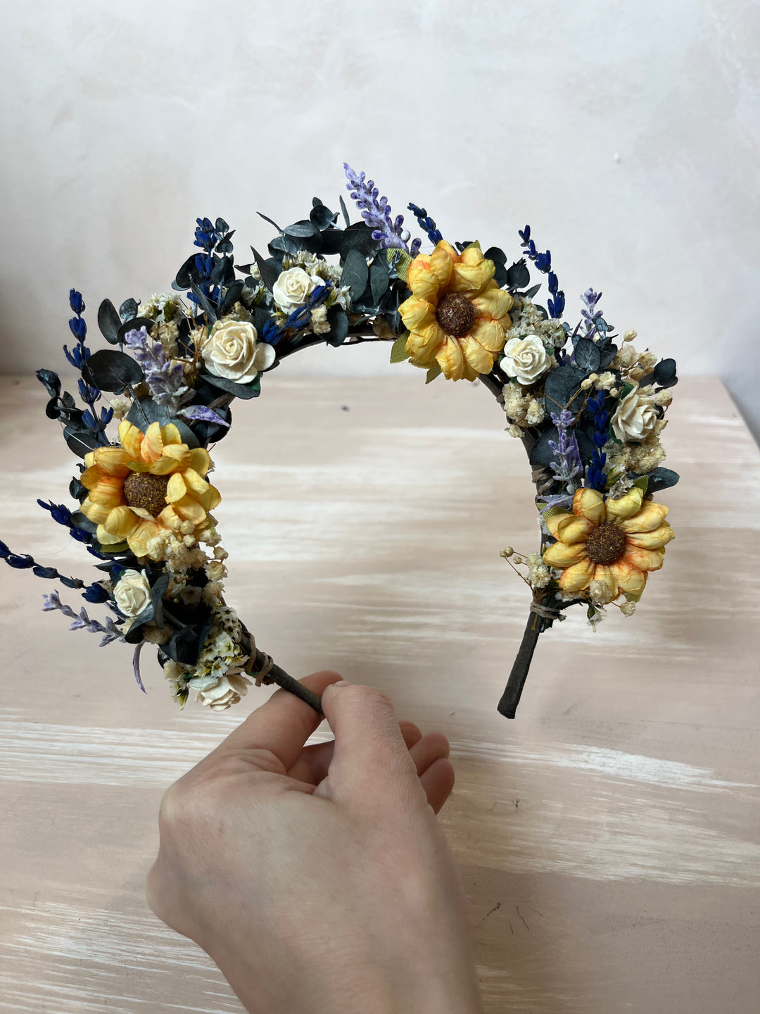 Sunflower Wildflower Bridal Crown with Lavender and White Roses