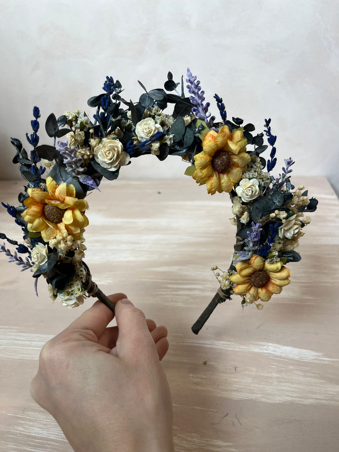Sunflower Wildflower Bridal Crown with Lavender and White Roses