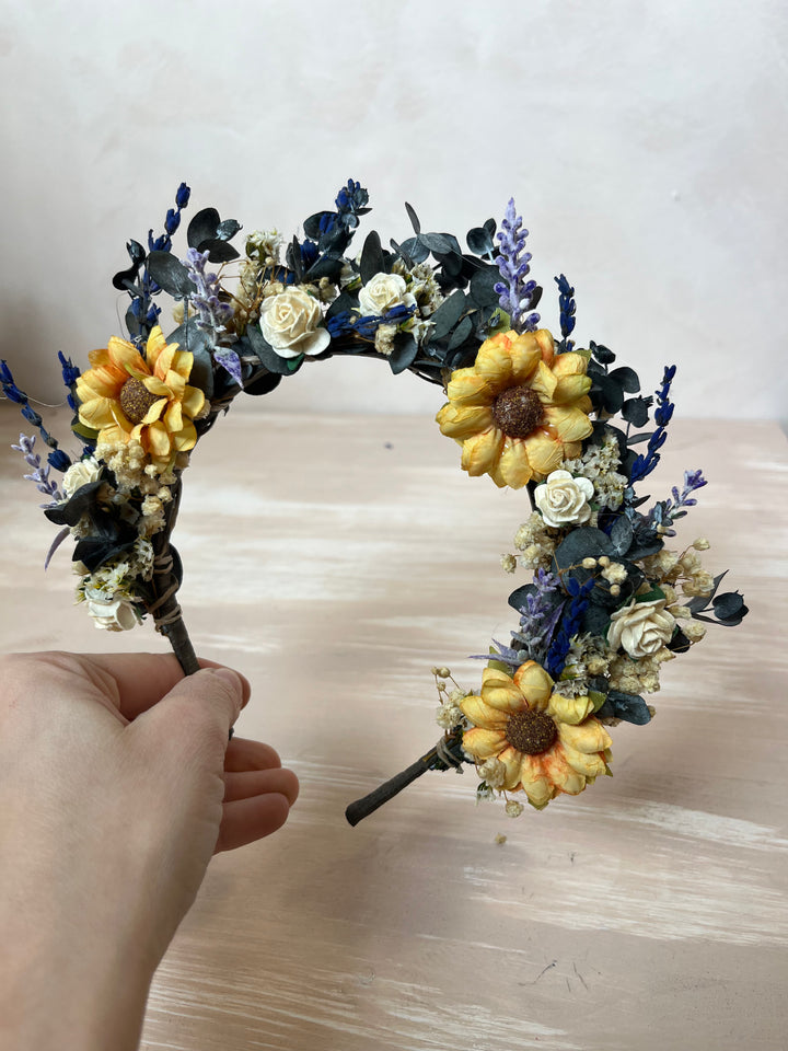 Sunflower Wildflower Bridal Crown with Lavender and White Roses