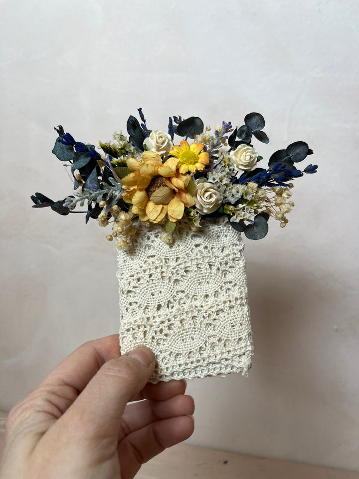 Fabric Flower Boutonniere with Preserved Eucalyptus | Pin or Clip, Two Sizes