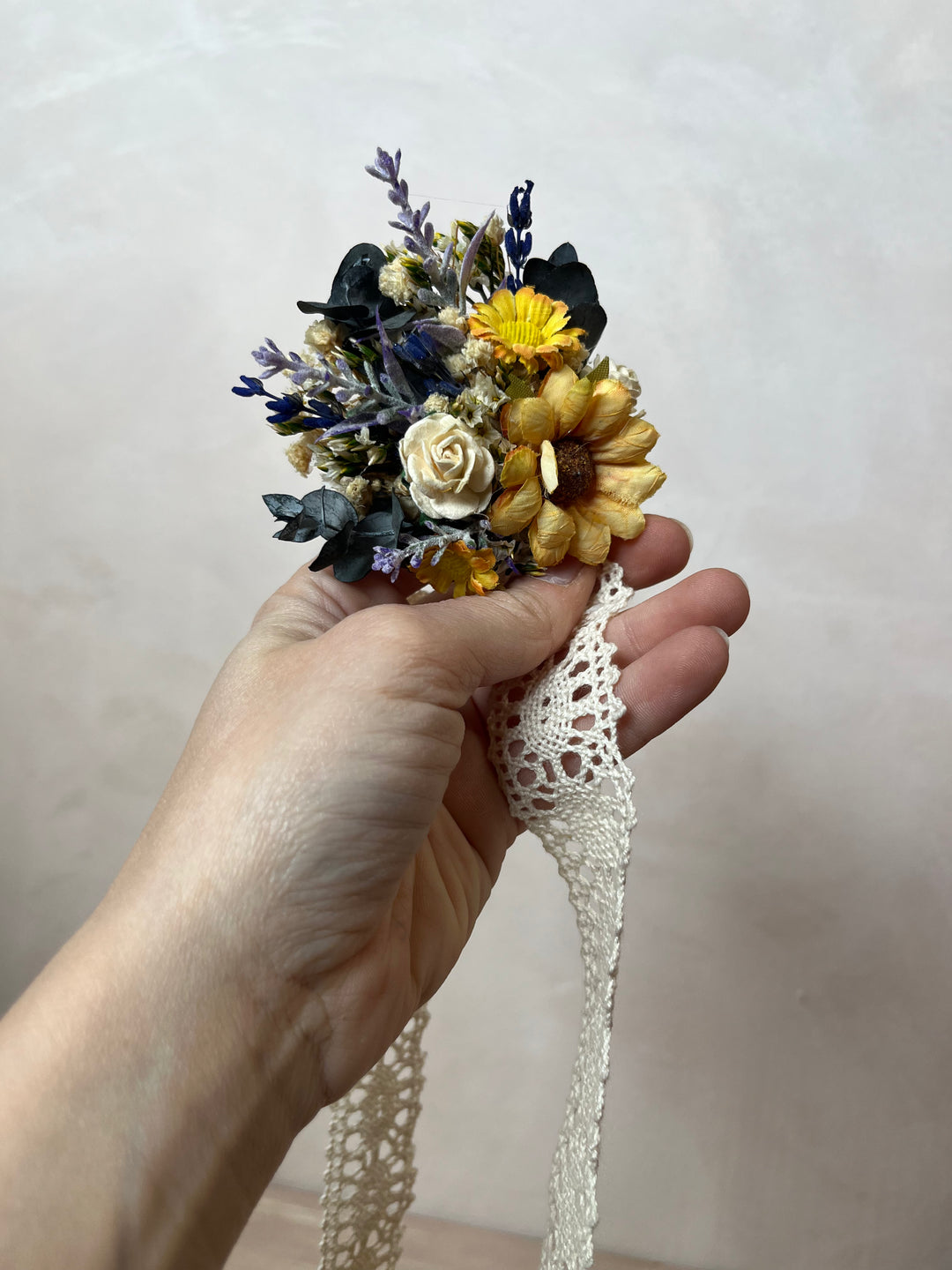 Sunflower Wildflower Wrist Corsage with Lavender and White Roses