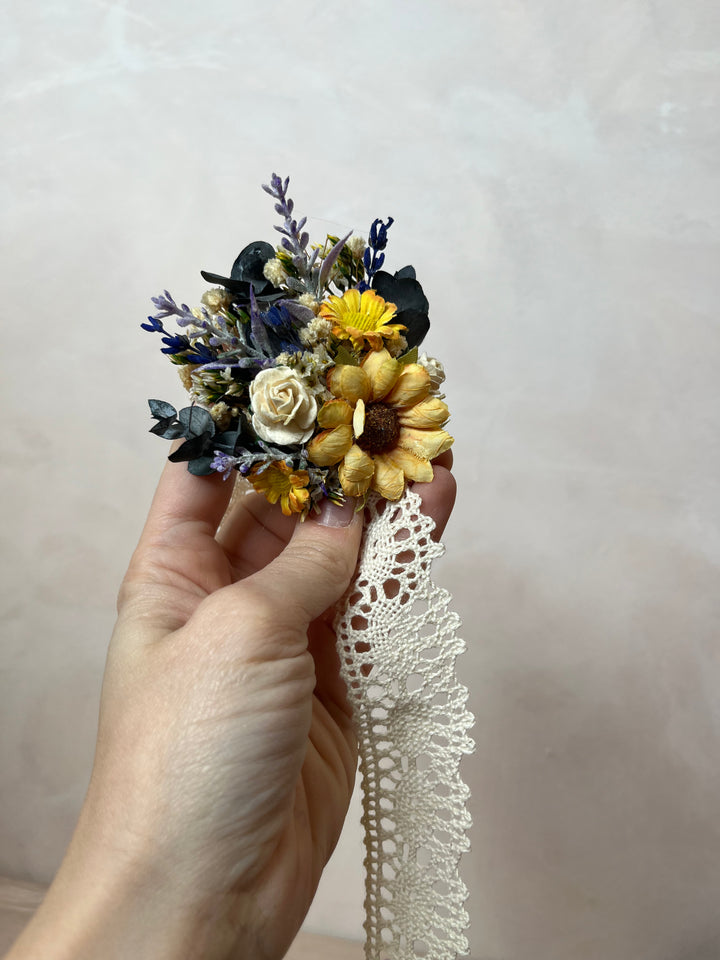 Sunflower Wildflower Wrist Corsage with Lavender and White Roses