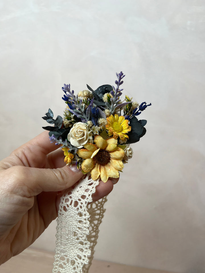 Sunflower Wildflower Wrist Corsage with Lavender and White Roses