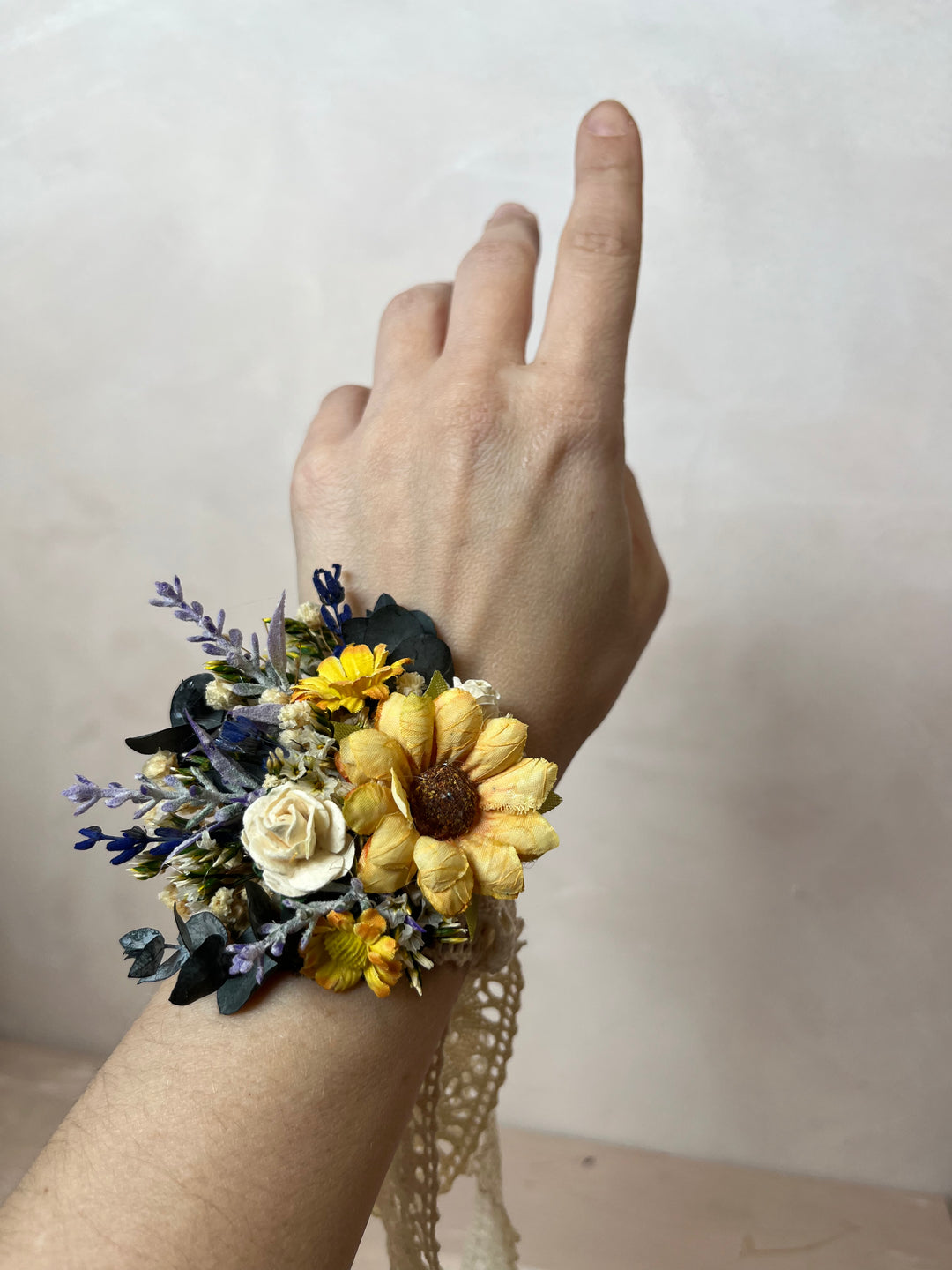 Sunflower Wildflower Wrist Corsage with Lavender and White Roses